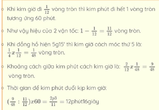 Nếu lấy mốc thời gian là lúc 5 giờ 15 phút thì sau ít nhất bao lâu kim phút đuổi kịp kim giờ?