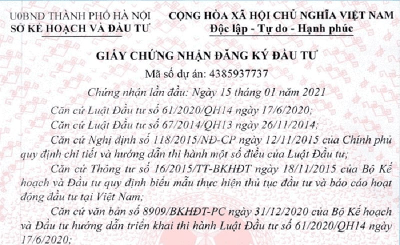 giấy chứng nhận đầu tư tiếng anh