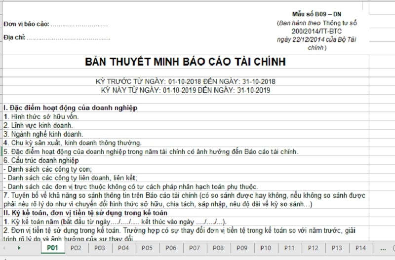 thuyết minh báo cáo tài chính theo thông tư 200 file excel